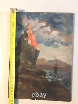 Very Beautiful Painting Hst Canvas Marouflé 1900 Seaside Rock Antique Painting