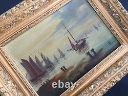 Very Old Oil On Canvas Table Signed Mario Marine Boats