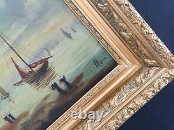 Very Old Oil On Canvas Table Signed Mario Marine Boats