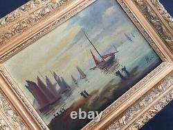 Very Old Oil On Canvas Table Signed Mario Marine Boats