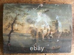 Very Old Oil-on-wood Painting, Fishing Theme And Pee Pause