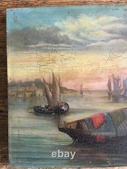 Very Old Table Oil On Wood, Theme Fishing And Boats