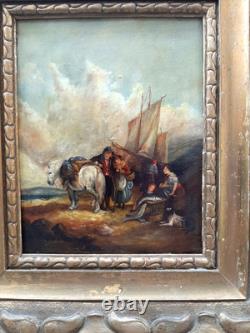 Very beautiful antique early 19th-century painting depicting a scene in a harbor