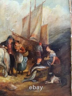 Very beautiful antique early 19th-century painting depicting a scene in a harbor