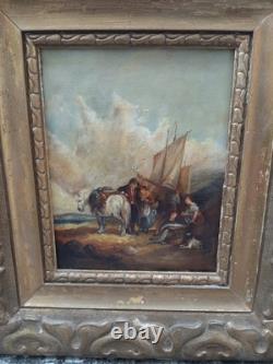 Very beautiful antique early 19th-century painting depicting a scene in a harbor