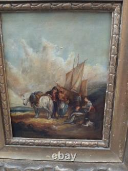 Very beautiful antique early 19th-century painting depicting a scene in a harbor
