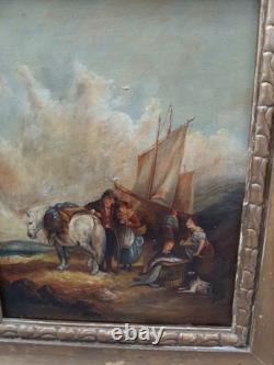 Very beautiful antique early 19th-century painting depicting a scene in a harbor