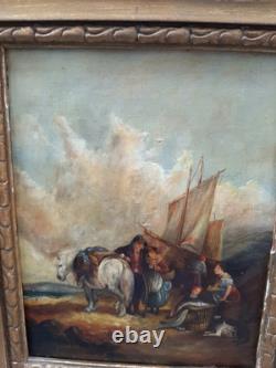 Very beautiful antique early 19th-century painting depicting a scene in a harbor