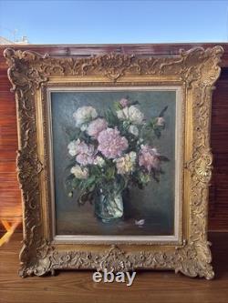 Victor Zolnierowicz Oil on Canvas Still Life Peonies Antique Gilded Frame