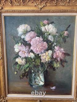 Victor Zolnierowicz Oil on Canvas Still Life Peonies Antique Gilded Frame