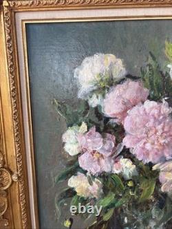 Victor Zolnierowicz Oil on Canvas Still Life Peonies Antique Gilded Frame
