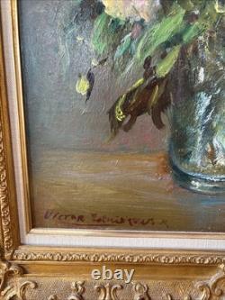 Victor Zolnierowicz Oil on Canvas Still Life Peonies Antique Gilded Frame