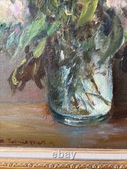 Victor Zolnierowicz Oil on Canvas Still Life Peonies Antique Gilded Frame