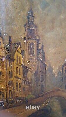 View of Venice Italy canal old painting Oil on cardboard frame