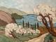 Vintage 1960 Mediterranean Landscape Oil Painting On Panel With An Old Tree