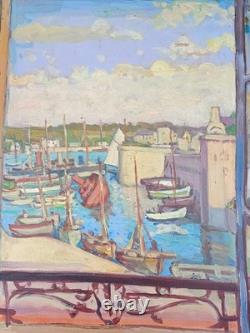 Vintage painting signed Jules Ausset, oil on panel, Port of Concarneau, 1947, 61x38