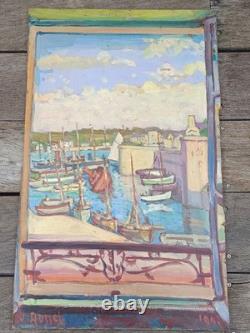 Vintage painting signed Jules Ausset, oil on panel, Port of Concarneau, 1947, 61x38