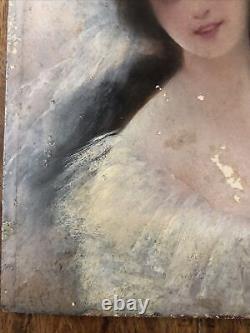 Woman in a Superb Hat: Antique Oil Painting (19th-early 20th century) on cardboard, in need of restoration