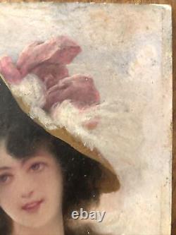 Woman in a Superb Hat: Antique Oil Painting (19th-early 20th century) on cardboard, in need of restoration