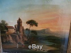 Xixth Century, Old Painting Oil On Canvas Landscape, Golden Frame Empire