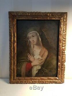 Xviiith S, Virgin Mary, Oil On Copper, Old Wooden Gold Frame