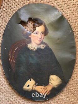 Young Girl Sitting Old Oil Painting 19th Century, to be Restored
