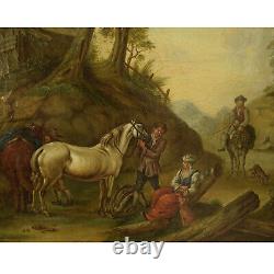 18/19e siècle peinture ancienne à l'huile Cavalier devant une grange 78x68