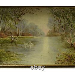 1904 Peinture ancienne à l'huile sur toile cygnes sur un lac 46x27 cm