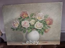 1, Huile Sur Toile Roses Ancienne61 Cmx 46 Cm