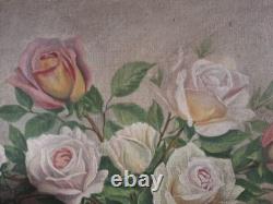1, Huile Sur Toile Roses Ancienne61 Cmx 46 Cm
