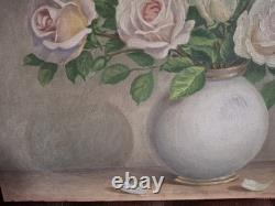 1, Huile Sur Toile Roses Ancienne61 Cmx 46 Cm