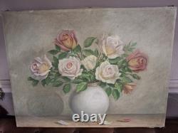 1, Huile Sur Toile Roses Ancienne61 Cmx 46 Cm