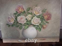 1, Huile Sur Toile Roses Ancienne61 Cmx 46 Cm