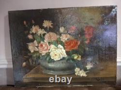 1 Huile Sur Toile Signe Roses Oeuillet' Ancienne
