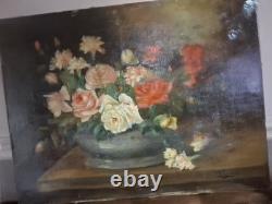 1 Huile Sur Toile Signe Roses Oeuillet' Ancienne