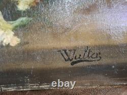 1 Huile Sur Toile Signe Roses Oeuillet' Ancienne