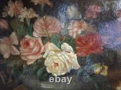 1 Huile Sur Toile Signe Roses Oeuillet' Ancienne
