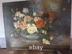 1 Huile Sur Toile Signe Roses Oeuillet' Ancienne
