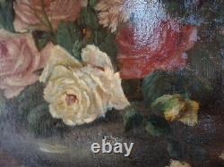 1 Huile Sur Toile Signe Roses Oeuillet' Ancienne