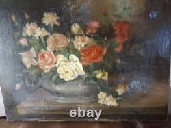 1 Huile Sur Toile Signe Roses Oeuillet' Ancienne