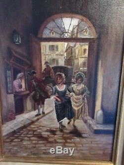 ANCIENNE PEINTURE FIN XIX ème s HUILE SUR TOILE ELEGANTES SOUS UN PORCHE