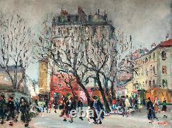 ANCIENNE PEINTURE HUILE SUR TOILE PLACE PARISIENNE ANIMÉE 20th paris