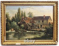 ANCIENNE PEINTURE MOULIN de GASNY EPTE HUILE sur TOILE ÉCOLE FRANÇAISE ca 1830