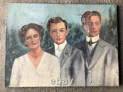 ANCIEN PORTRAIT DE FAMILLE FRATRIE HUILE SUR TOILE VERS 1930 20th art deco hst