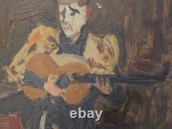 ANCIEN TABLEAU Huile sur CARTON CLOWN Jouant de la Musique Daté 1947