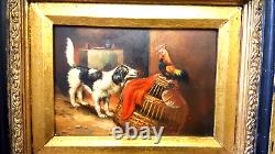 ANCIEN TABLEAU Huile sur Panneau Chien et le cuq