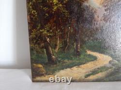 ANCIEN Tableau Huile sur Panneau Bois Paysage Forêt école de Barbizon