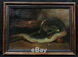 A. LAMBERT (19e) Ancienne huile sur toile Nature morte au poisson HST marine