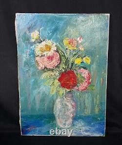 Ancien 1960 tableau huile sur toile bouquet de fleurs signature à identifier