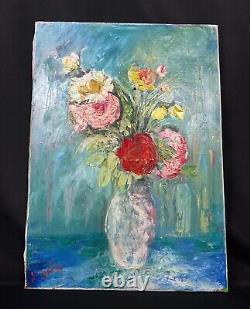 Ancien 1960 tableau huile sur toile bouquet de fleurs signature à identifier